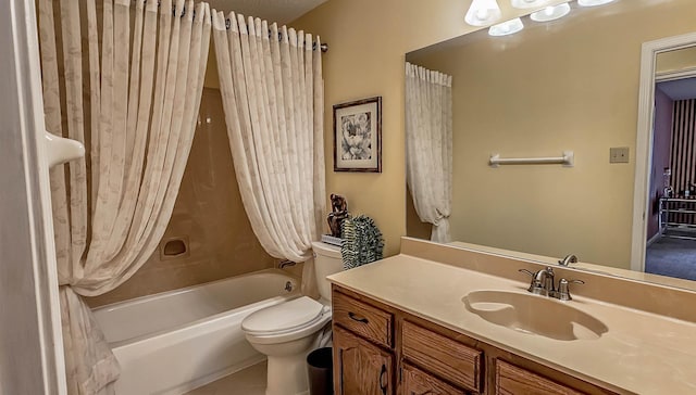 full bathroom featuring shower / tub combo, vanity, tile patterned flooring, and toilet