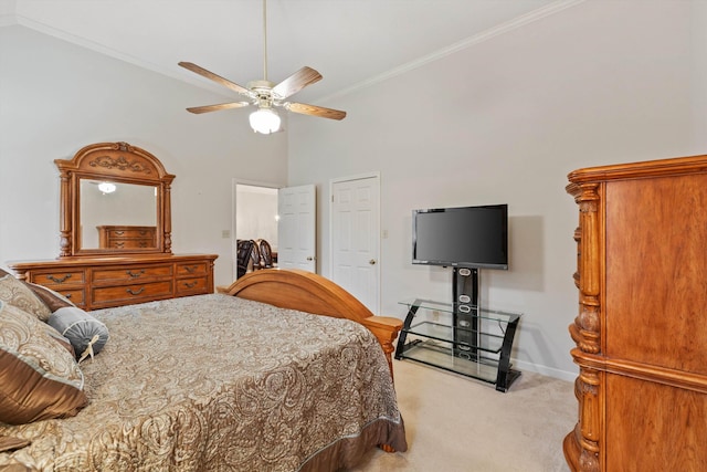 carpeted bedroom featuring a high ceiling, crown molding, and ceiling fan