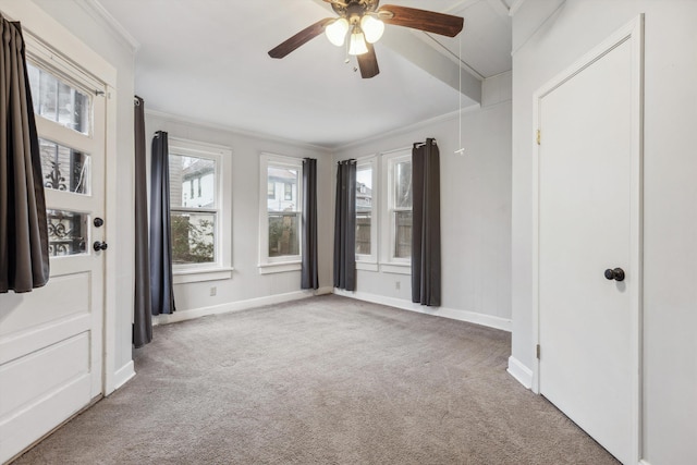 empty room featuring crown molding, carpet flooring, and ceiling fan