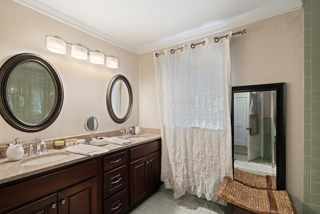 bathroom with tile patterned flooring, vanity, and ornamental molding