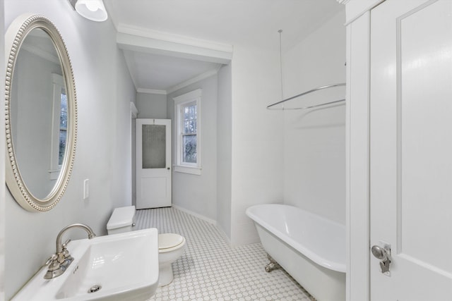 bathroom featuring sink, ornamental molding, toilet, and a tub to relax in