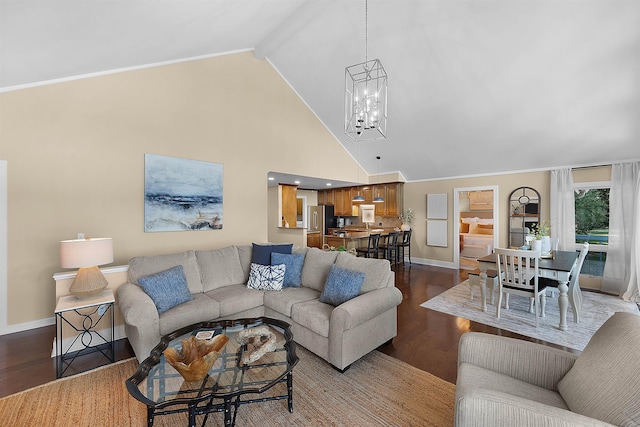 living room with hardwood / wood-style flooring, a notable chandelier, high vaulted ceiling, and beamed ceiling