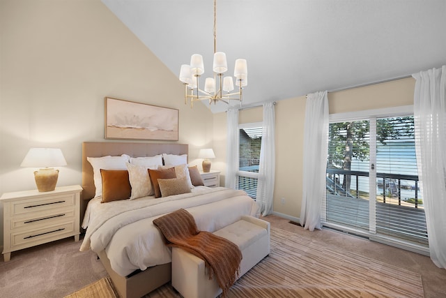 carpeted bedroom featuring lofted ceiling, access to exterior, and a notable chandelier