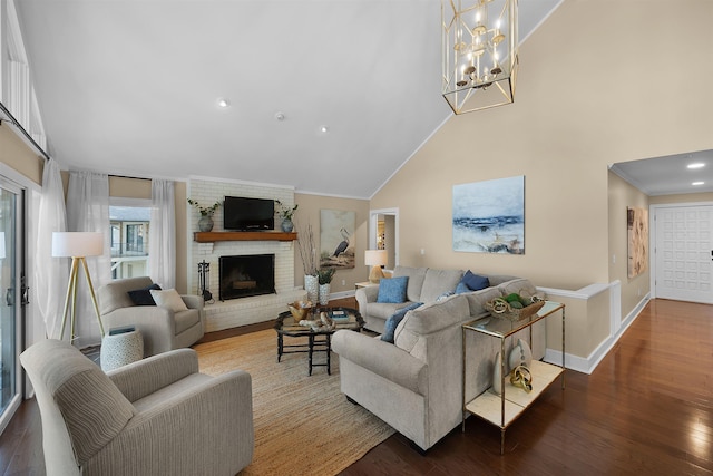 living room with wood-type flooring, high vaulted ceiling, and a fireplace