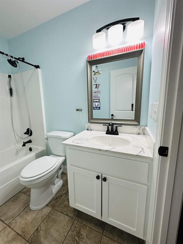 full bathroom featuring shower / bathtub combination, vanity, toilet, and tile patterned floors