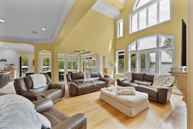 living room with ornamental molding, decorative columns, light hardwood / wood-style floors, and a water view