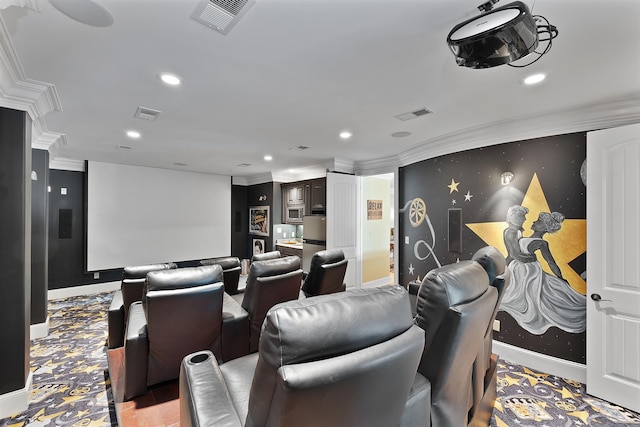 home theater with ornamental molding