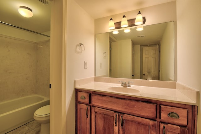 full bathroom with vanity, shower / washtub combination, tile patterned floors, and toilet