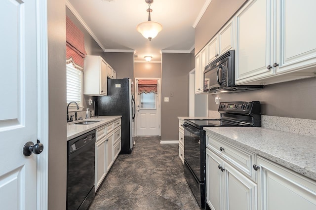 kitchen with sink, white cabinetry, light stone counters, ornamental molding, and black appliances