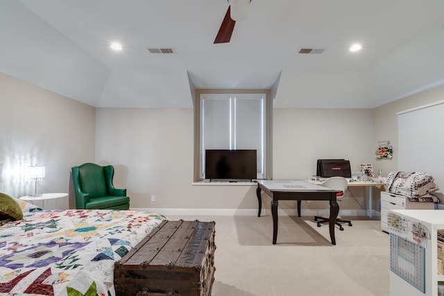 bedroom featuring ceiling fan and light carpet