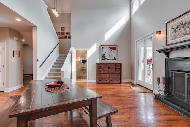 living room featuring a towering ceiling, a wealth of natural light, and wood-type flooring