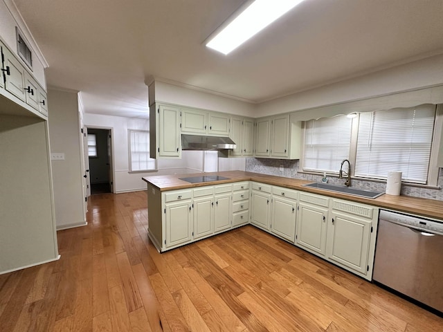 kitchen with sink, light hardwood / wood-style flooring, dishwasher, black electric stovetop, and kitchen peninsula