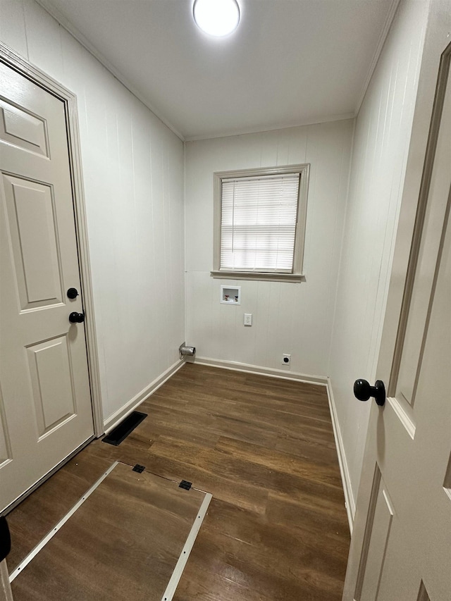 washroom featuring electric dryer hookup, washer hookup, and dark hardwood / wood-style flooring