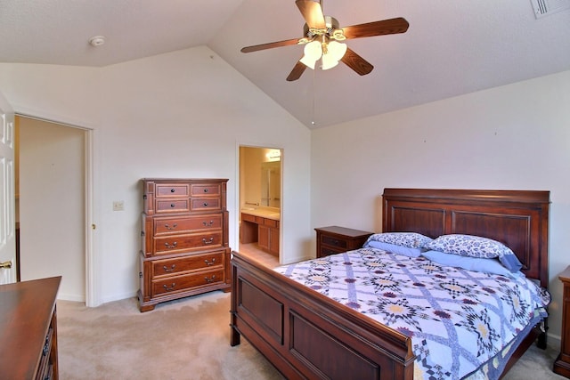 bedroom with lofted ceiling, light colored carpet, and ceiling fan