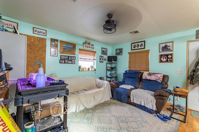 living room featuring ceiling fan and wood-type flooring