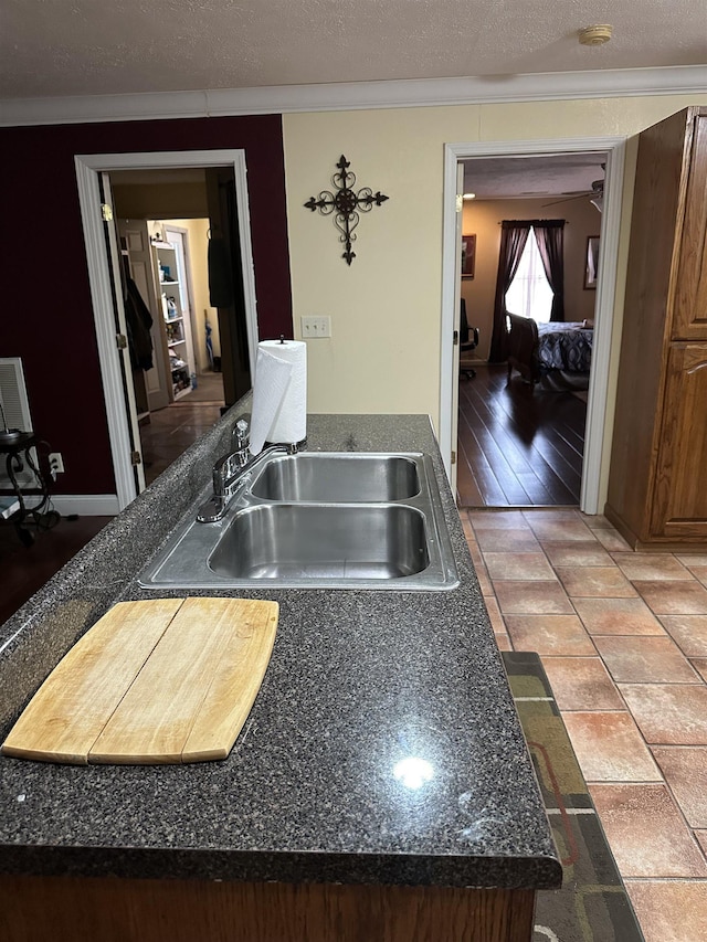 kitchen featuring ornamental molding, sink, and a textured ceiling