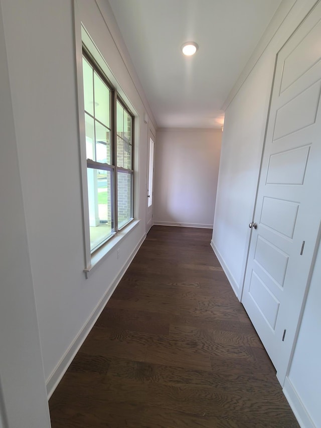 hallway with dark hardwood / wood-style flooring