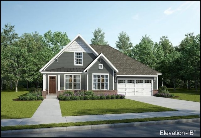 view of front facade featuring an attached garage, a front yard, driveway, and brick siding