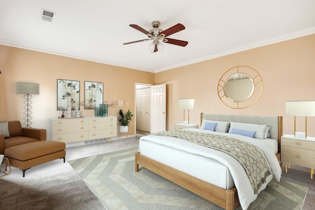 carpeted bedroom featuring crown molding, baseboards, a ceiling fan, and visible vents