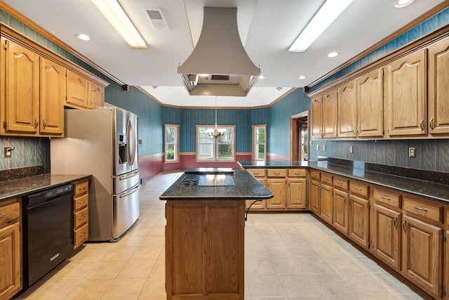 kitchen with visible vents, a peninsula, black appliances, wallpapered walls, and island range hood