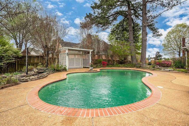 view of swimming pool featuring a fenced backyard, a fenced in pool, and a patio area