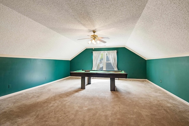 game room featuring ceiling fan, carpet, lofted ceiling, baseboards, and billiards