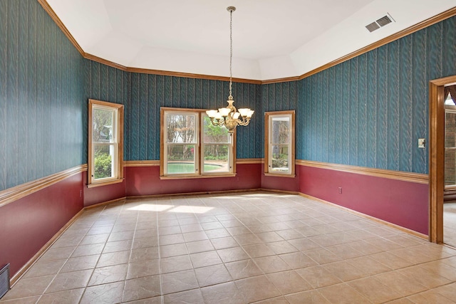 unfurnished dining area featuring a chandelier, wallpapered walls, tile patterned flooring, and visible vents