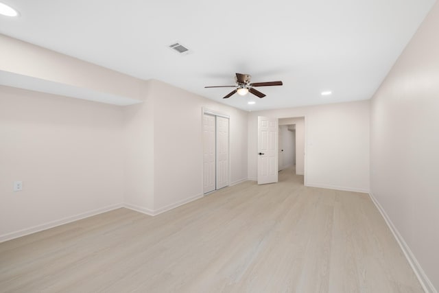 spare room featuring ceiling fan and light hardwood / wood-style floors