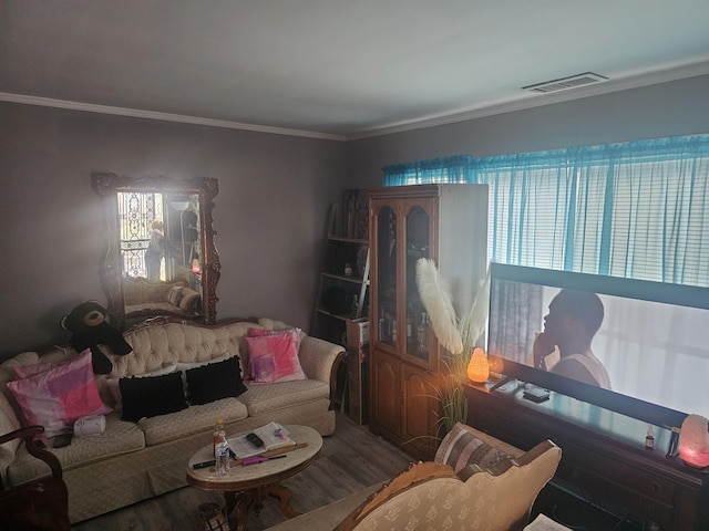 living room featuring hardwood / wood-style floors and ornamental molding