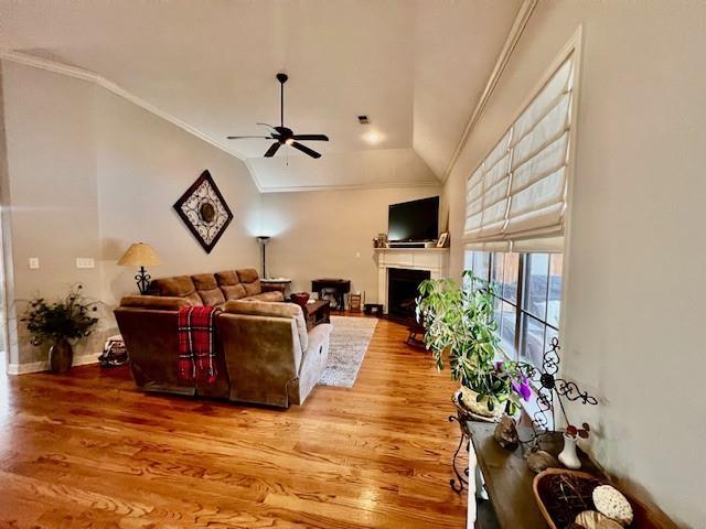 living room featuring hardwood / wood-style floors, vaulted ceiling, ornamental molding, and ceiling fan