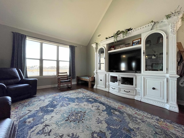 unfurnished living room with crown molding, lofted ceiling, and dark hardwood / wood-style floors