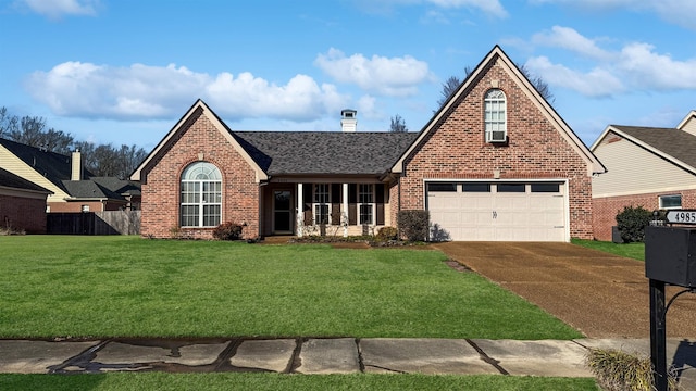 view of front facade featuring brick siding, a chimney, fence, driveway, and a front lawn