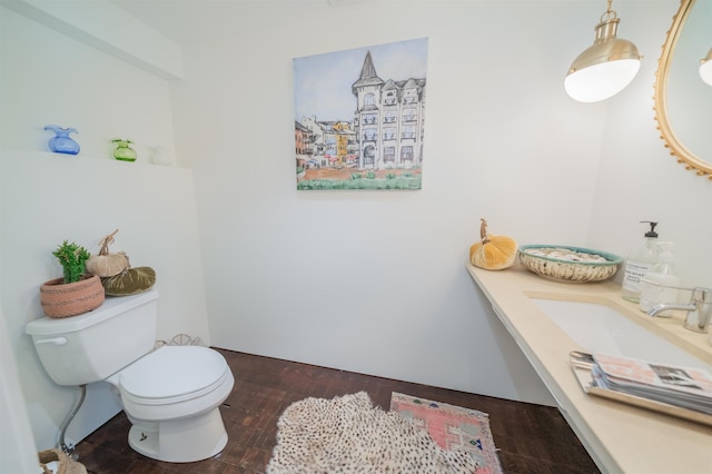 bathroom featuring toilet, vanity, and wood-type flooring