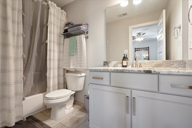 full bathroom featuring vanity, shower / bathtub combination with curtain, ceiling fan, tile patterned flooring, and toilet