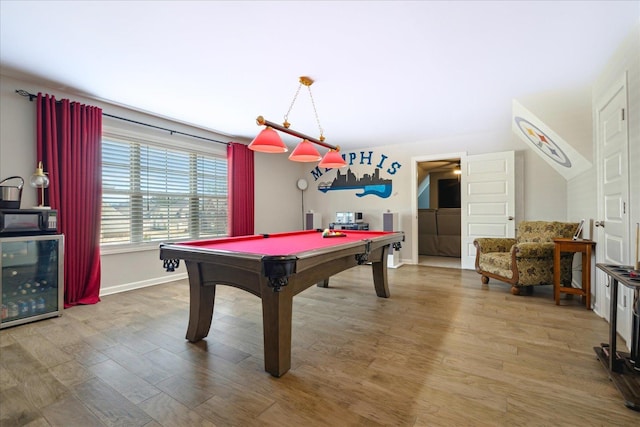 rec room with billiards, wood-type flooring, and wine cooler