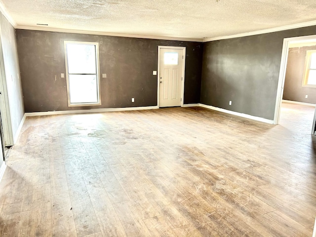 empty room featuring light hardwood / wood-style flooring, crown molding, and a healthy amount of sunlight