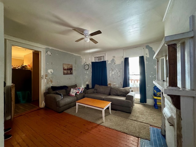 living room with ceiling fan and wood-type flooring