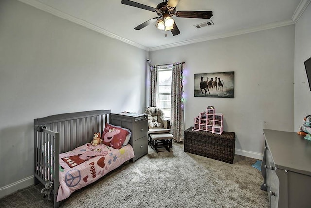 bedroom featuring light carpet, crown molding, and ceiling fan