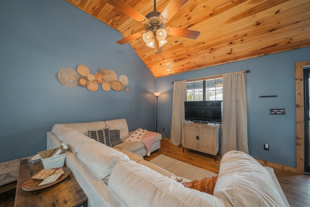 living room with ceiling fan, wooden ceiling, high vaulted ceiling, and hardwood / wood-style floors