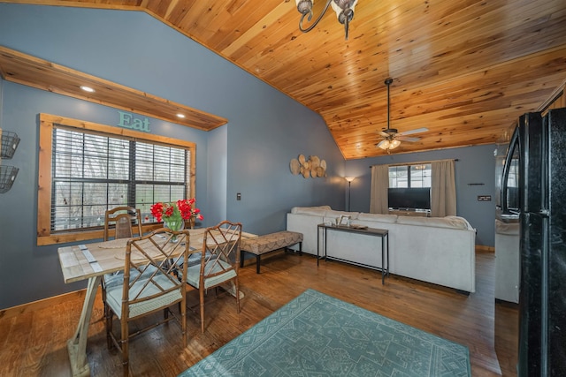 dining room with dark hardwood / wood-style flooring, ceiling fan, wooden ceiling, and lofted ceiling