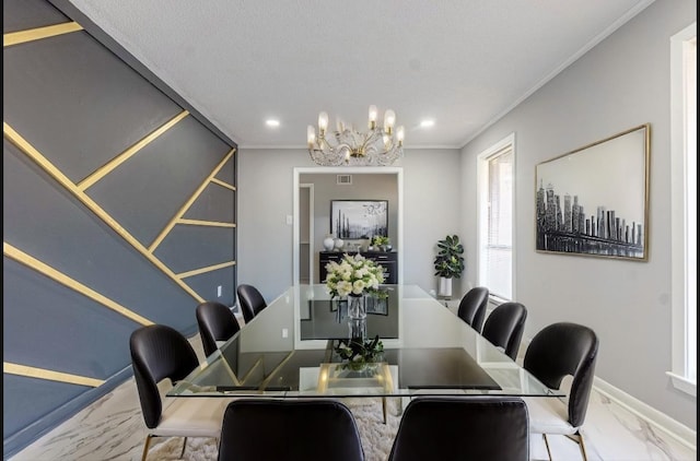 dining space featuring crown molding, a textured ceiling, and an inviting chandelier