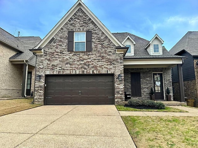 view of front of property with a shingled roof, concrete driveway, and brick siding