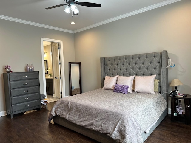 bedroom with crown molding, connected bathroom, a ceiling fan, and dark wood-type flooring