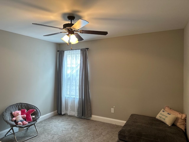 unfurnished room with ceiling fan, carpet floors, and baseboards