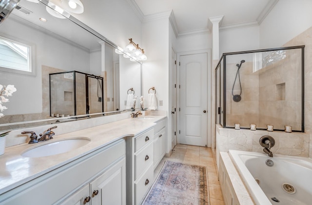 bathroom featuring a shower stall, a whirlpool tub, a sink, and crown molding