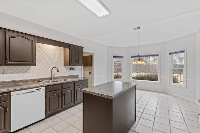 kitchen with a center island, decorative light fixtures, a sink, dark brown cabinets, and dishwasher