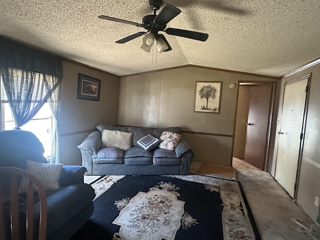 carpeted living room featuring crown molding, a ceiling fan, vaulted ceiling, and a textured ceiling