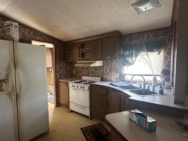 kitchen featuring white appliances, lofted ceiling, extractor fan, a textured ceiling, and a sink