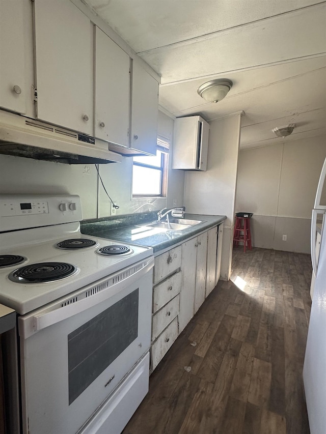 kitchen featuring under cabinet range hood, white appliances, a sink, white cabinets, and dark wood-style floors