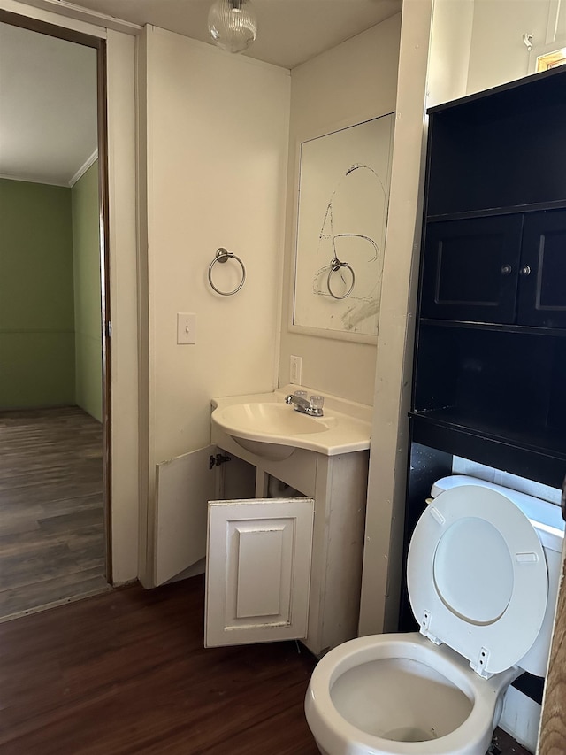 bathroom with a sink, wood finished floors, and toilet